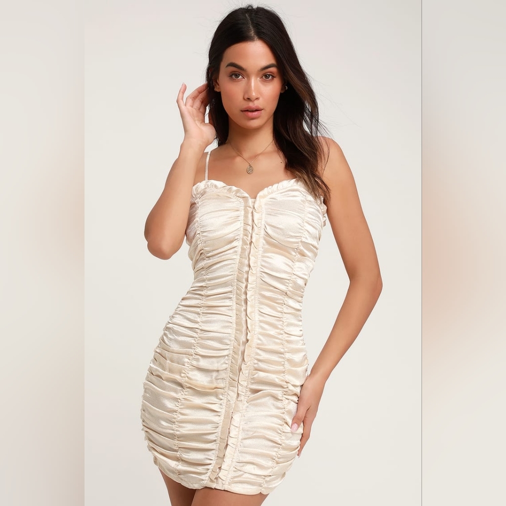Ruched Satin Mini Dress in Champagne - Women Dresses Mini